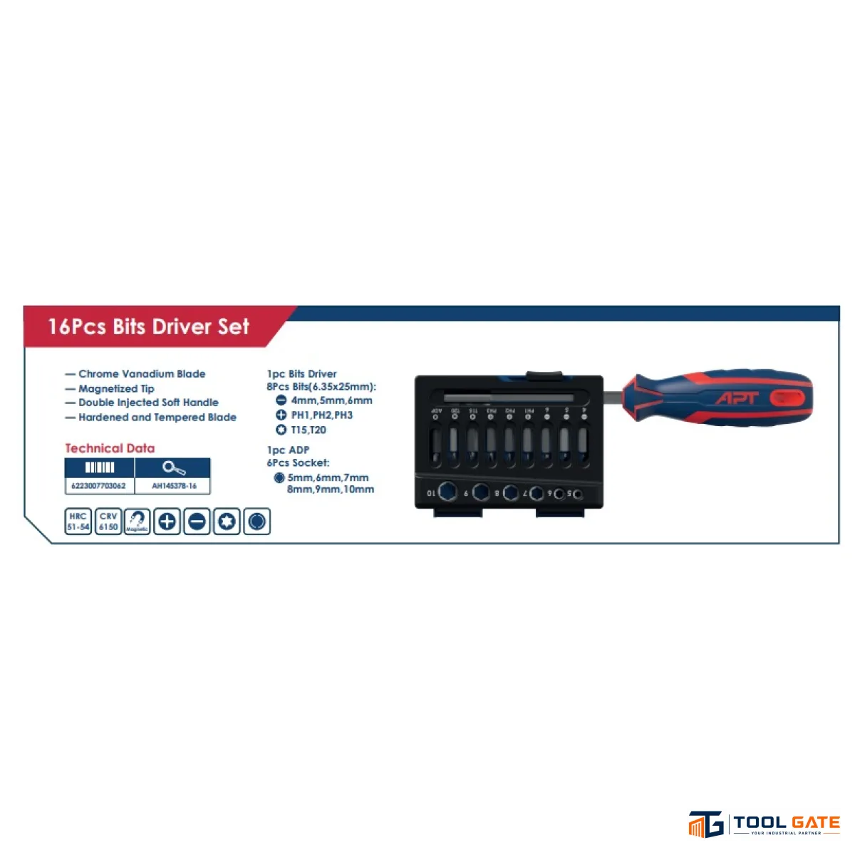 طقم مفك 2 لون سنون ولقم صواميل 16 قطعة APT AH145378-16