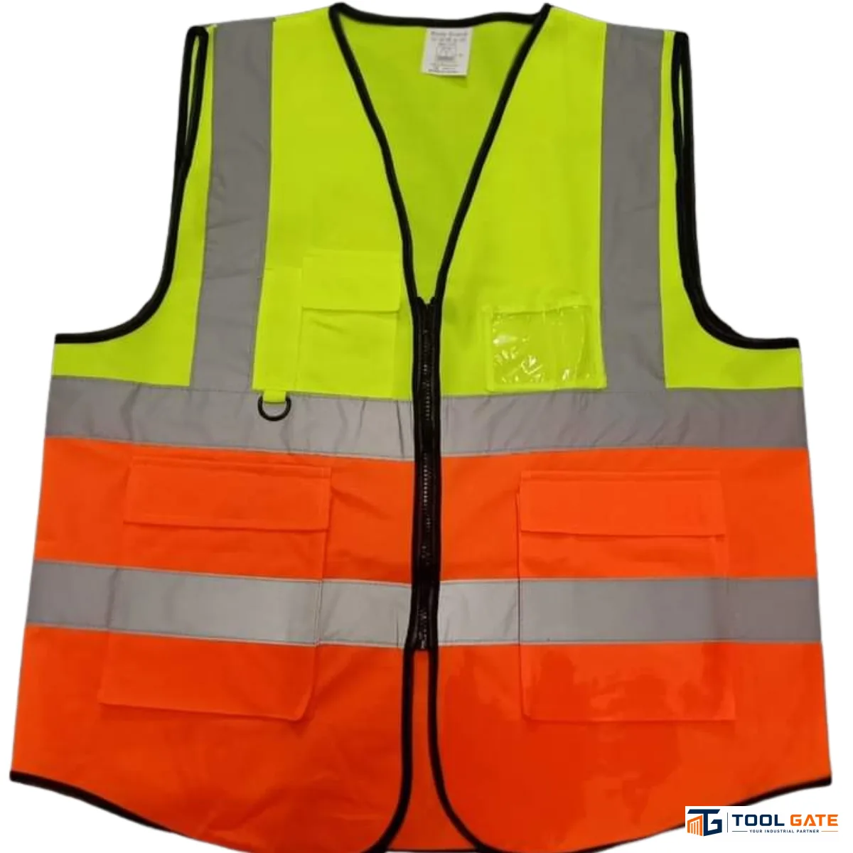 فيست سلامة بودي جارد ليموني وبرتقالي فسفوري مع 4 أشرطة عاكسة وجيوب متعددة Body Guard Safety Vest