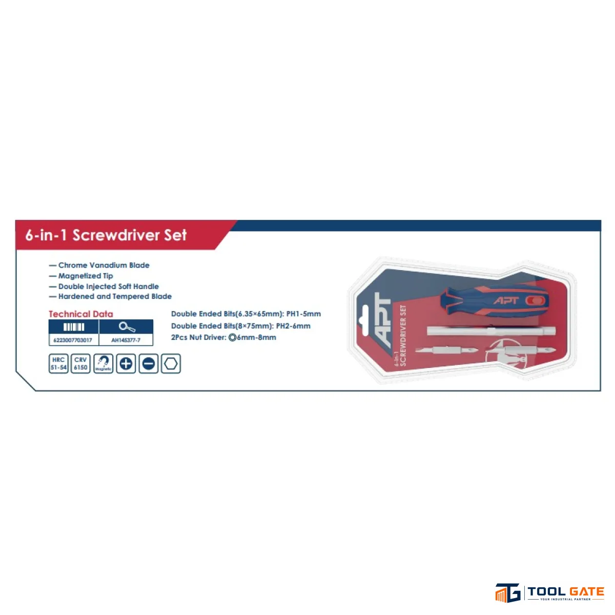 مفك قلاب 2 لون 2 سن 1×6 اتجاهين مع لقمة 6 و8 مم APT AH145377-7