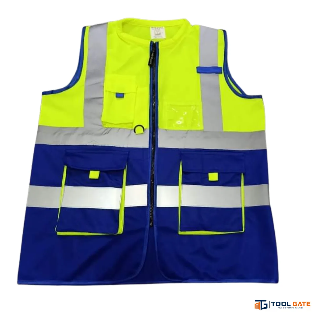 فيست فنيين ومشرفين بودي جارد ليموني وأزرق بياقة مع 4 أشرطة عاكسة وجيوب متعددة Body Guard Safety Vest