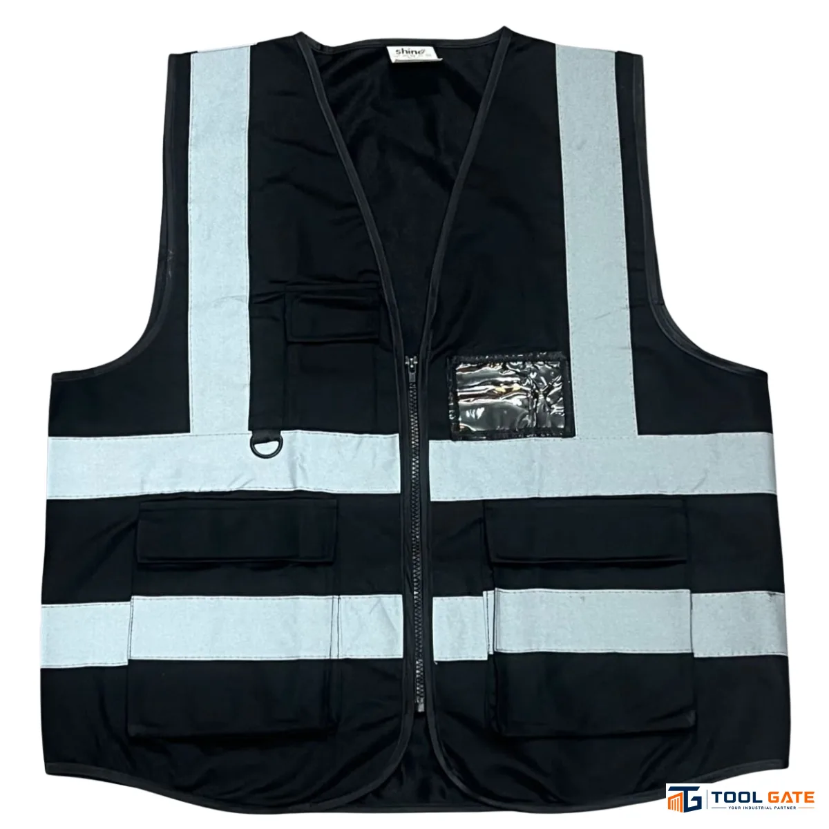 فيست مشرفين اسود بودي جارد مع 4 أشرطة عاكسة وجيوب متعددة وحلقة D-Ring Body Guard Safety Vest