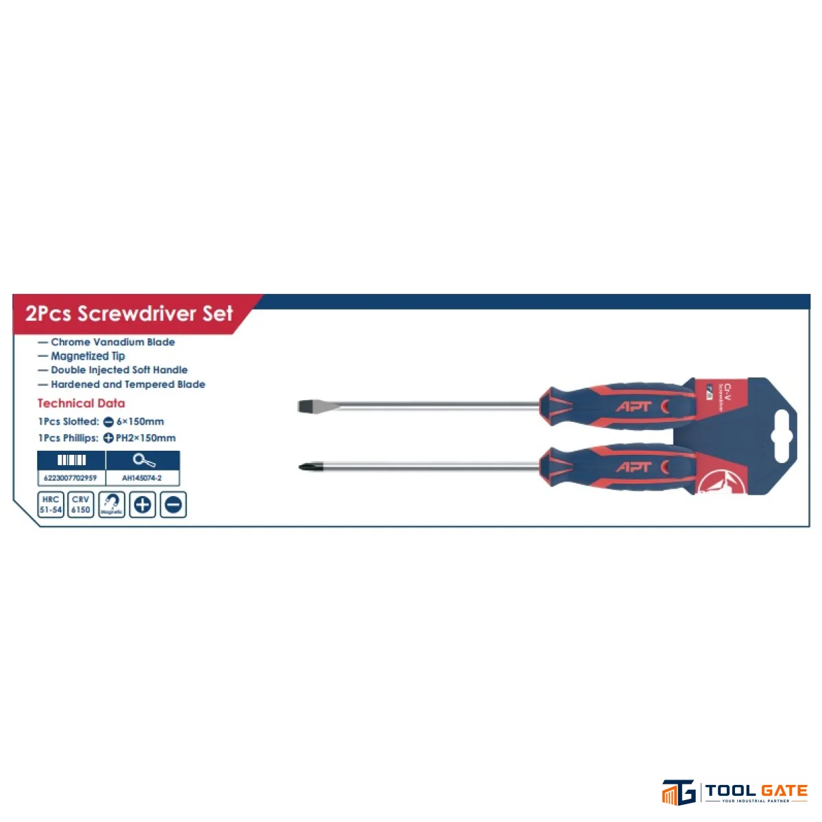 طقم مفك قطعتين  صليبة 150×2 + مفك عادة 150×6 موديل APT AH145074-2