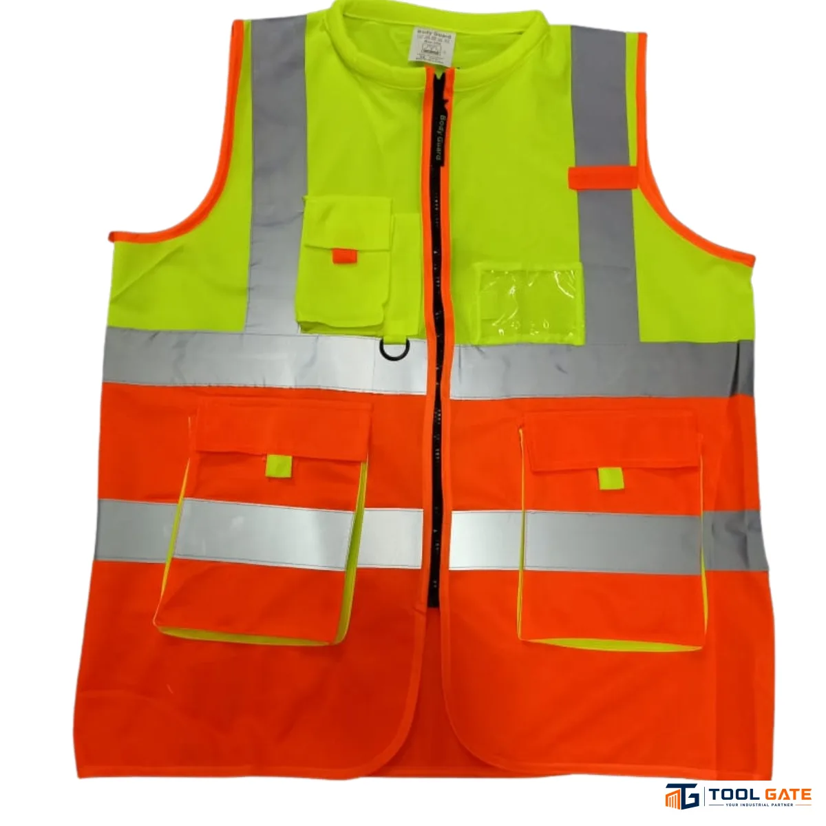 فيست مهندسين ومشرفين وفنيين بودي جارد ليموني وبرتقالي فسفوري بياقة و4 أشرطة عاكسة Body Guard Safety Vest