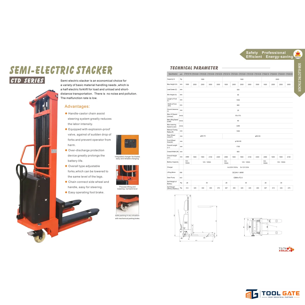 ستاكر نصف كهرباء حمولة 1.5 طن ارتفاع  3.5 متر بستم المانى  CLARK TEC CTD