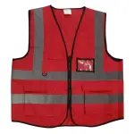 فيست للمشرفين بودي جارد أحمر مع 4 أشرطة عاكسة وجيوب متعددة وحامل بطاقة وحلقة D-Ring Body Guard Safety Vest