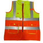 فيست مهندسين ومشرفين وفنيين بودي جارد ليموني وبرتقالي فسفوري بياقة و4 أشرطة عاكسة Body Guard Safety Vest